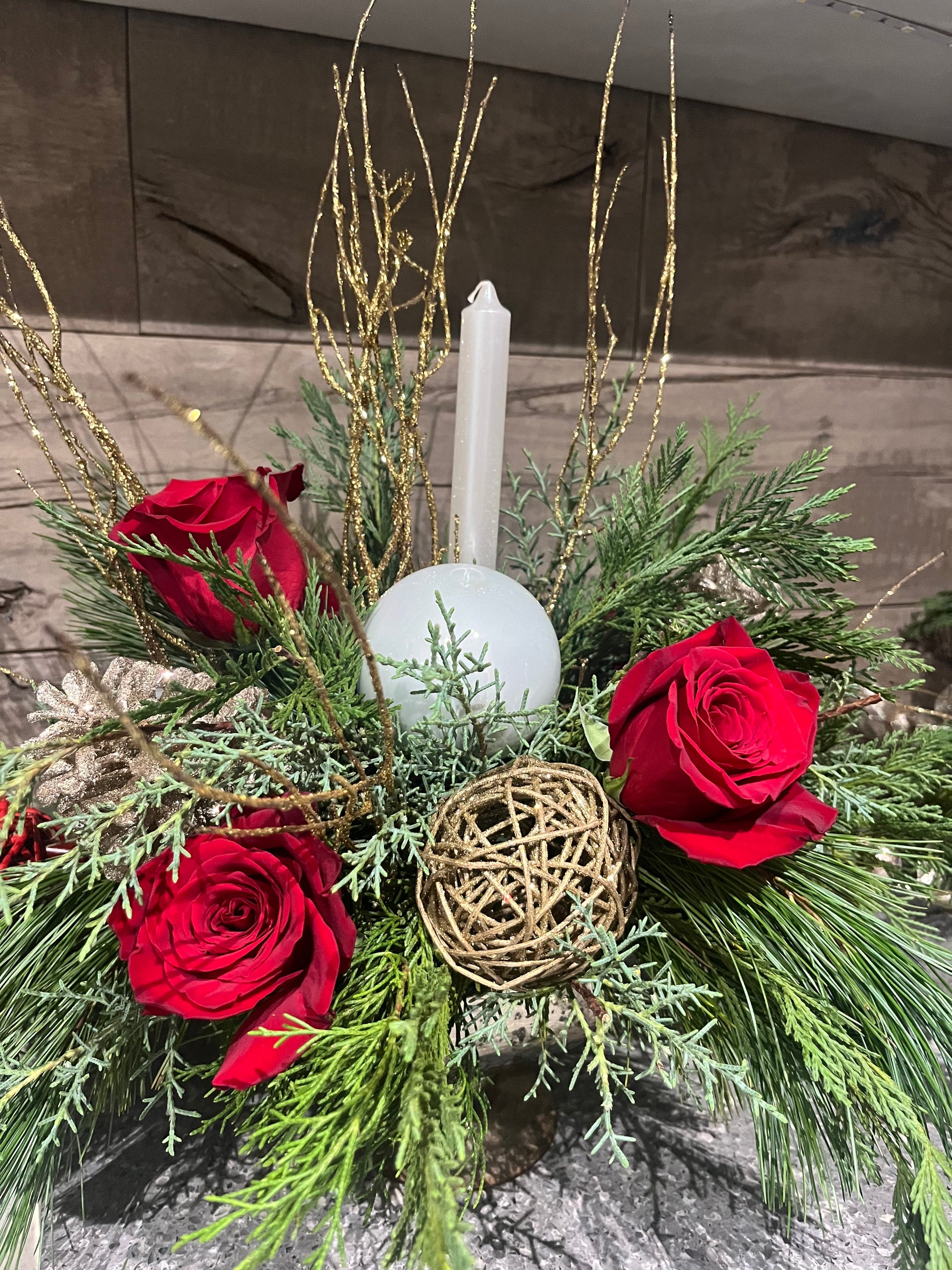 Festive Red Rose and Pine Holiday Candle Centrepiece - The Detailed Florist