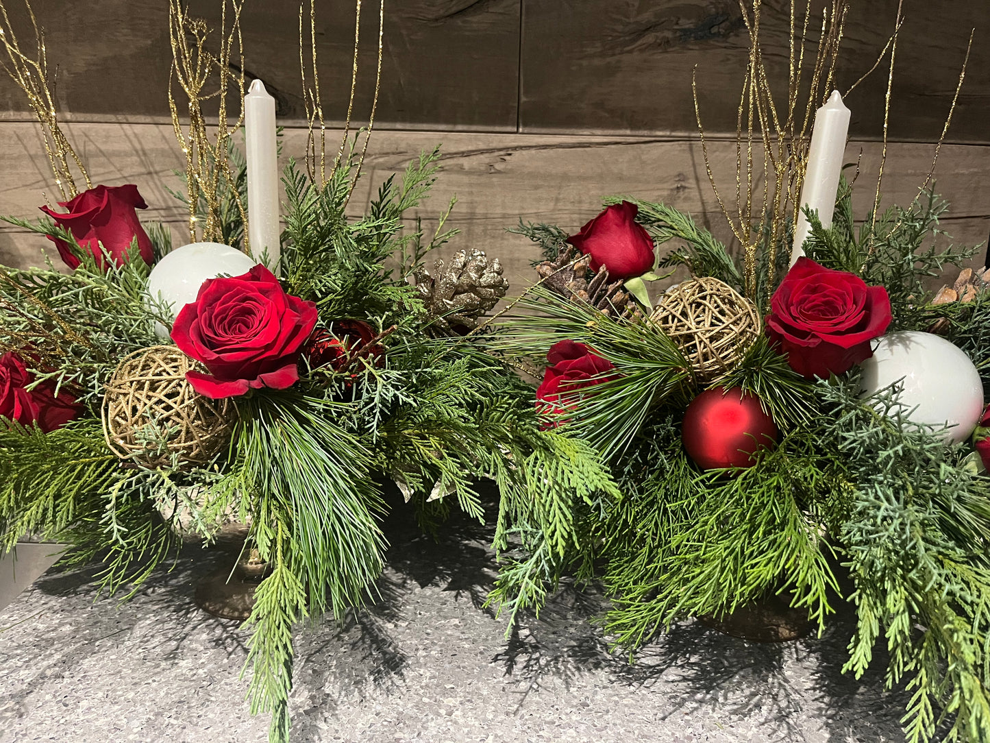 Festive Red Rose and Pine Holiday Candle Centrepiece